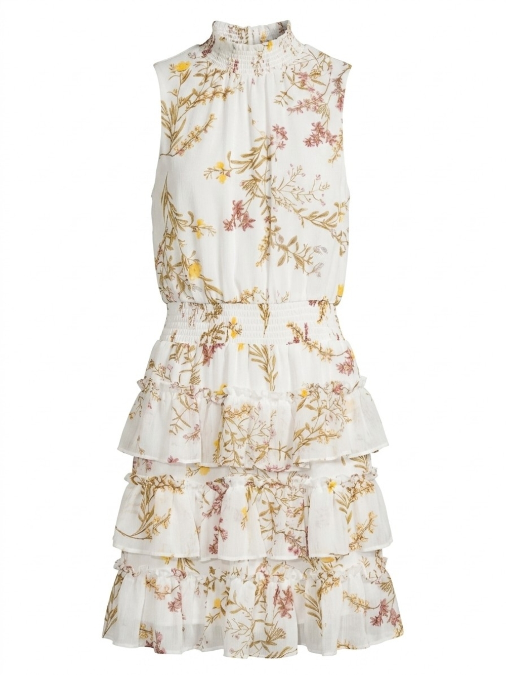 STATE White Floral Tiered Ruffle Dress with Yellow & Brown Accents